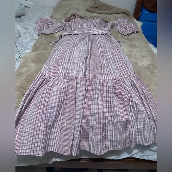 La Vie Rebecca Taylor Lurex Metallic Plaid Cold Shoulder Midi Dress S Pink - Picture 4 of 5